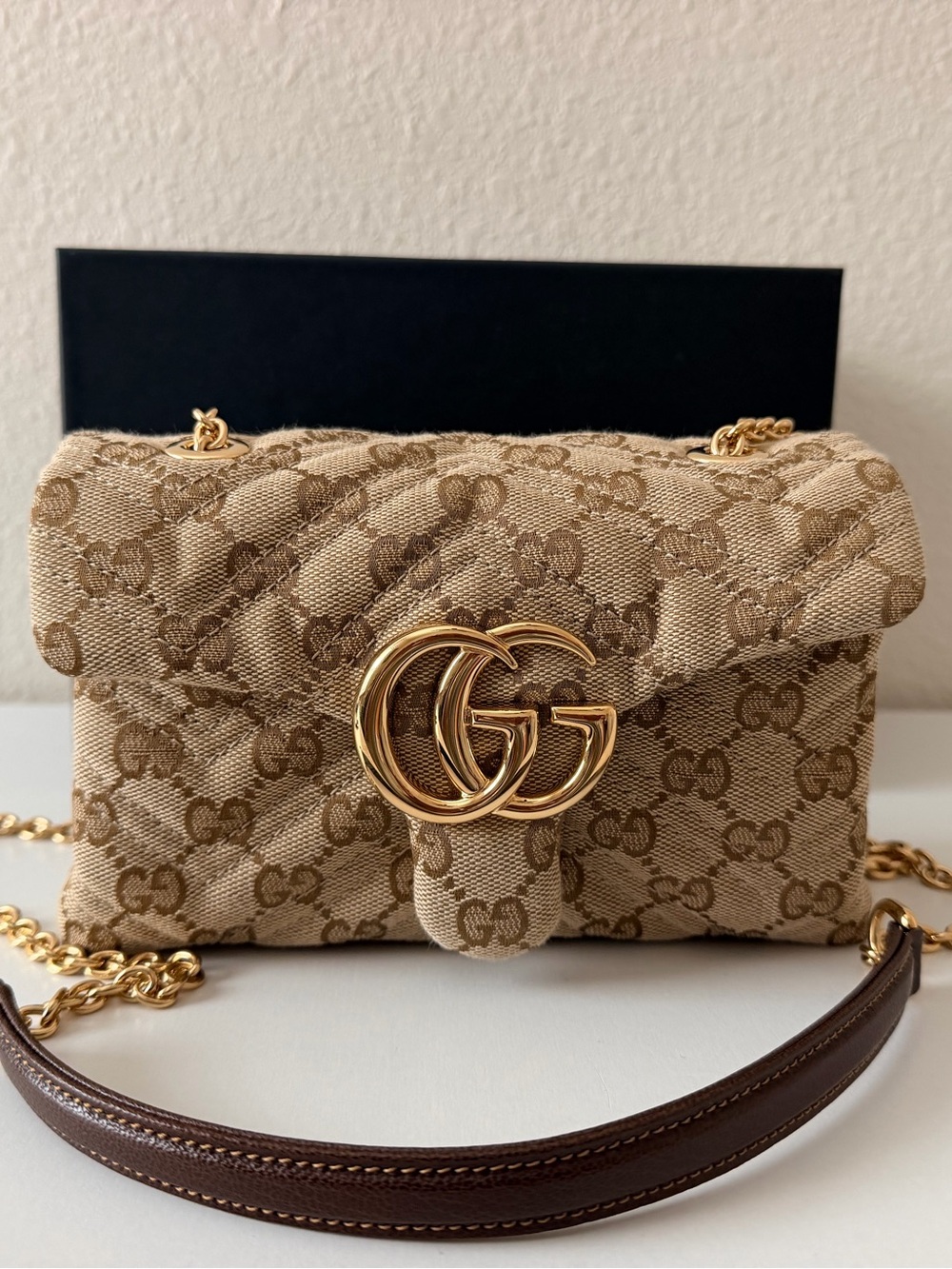 Gucci GG Marmont Mini Shoulder Bag Sand Brown Canvas Gold NWT Box Receipt